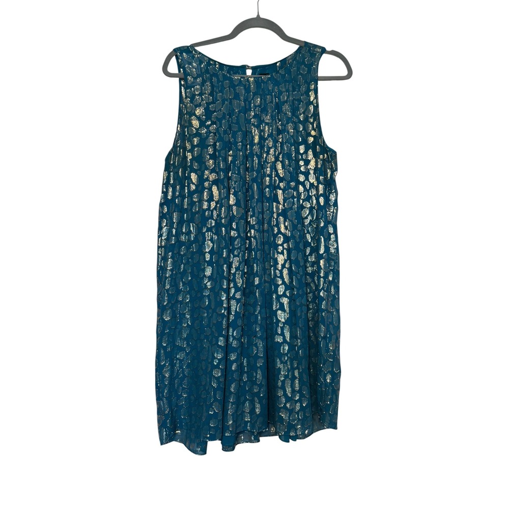 Sass & Bide Teal Blue Gold Metallic SILK Leopard Print Shift Dress Size 10
